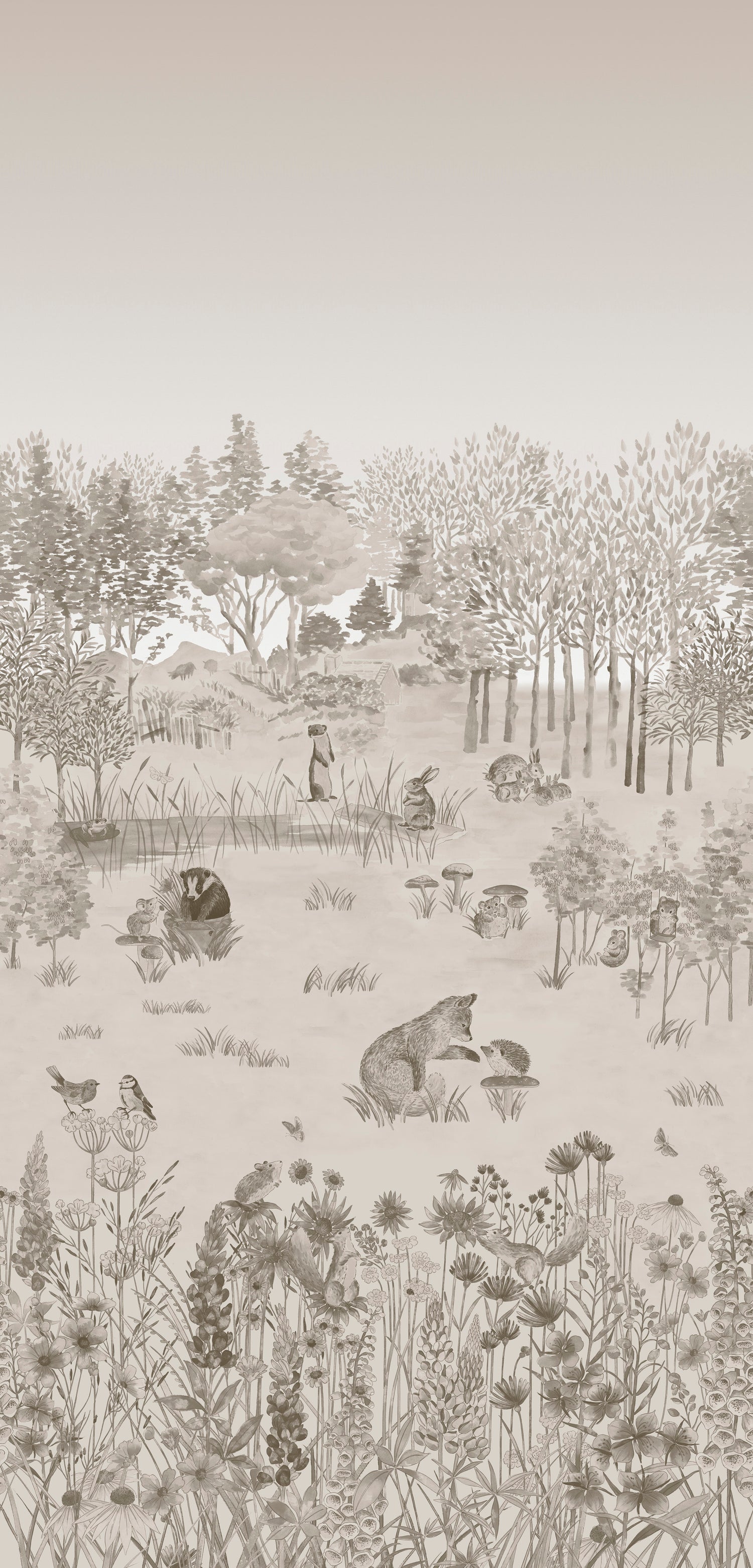 Little Greene behang Potters Woodland mural in de kleur Stone 