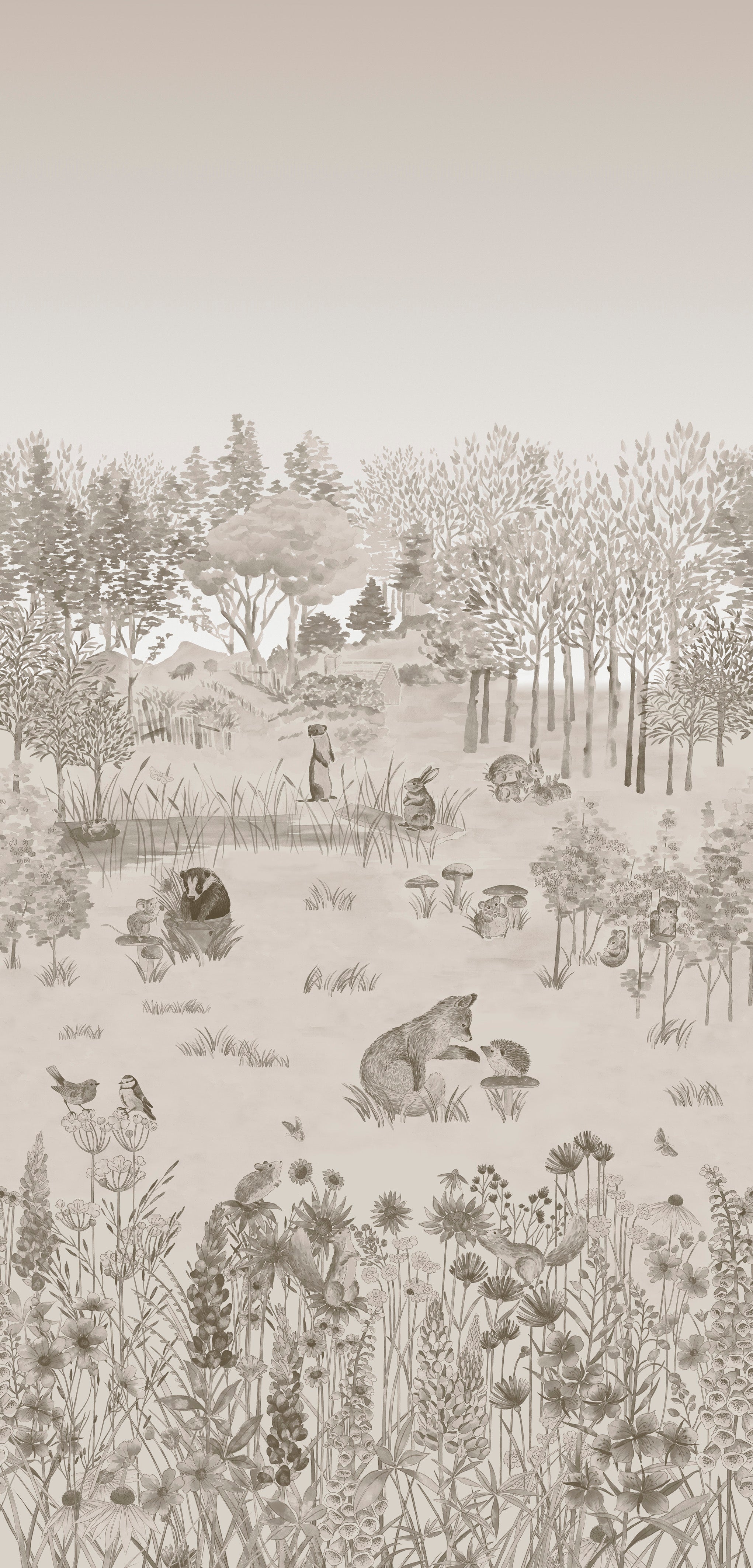 Little Greene behang Potters Woodland mural in de kleur Stone 