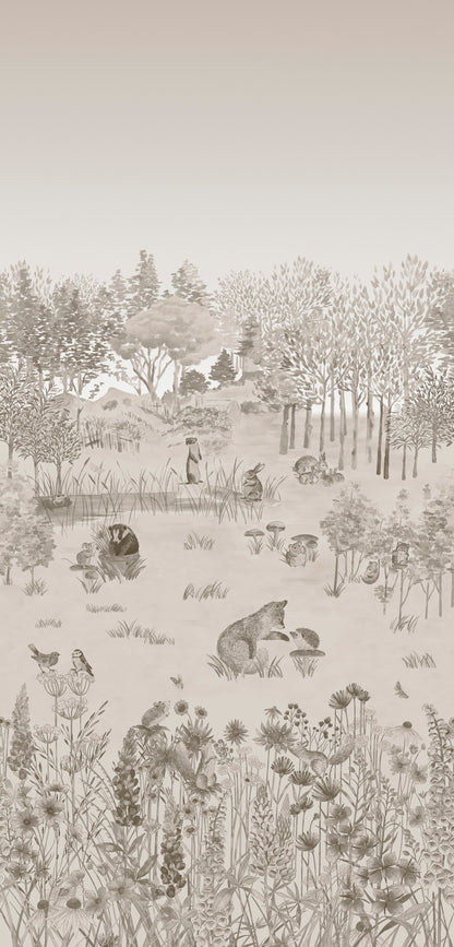Little Greene behang Potters Woodland mural in de kleur Stone 
