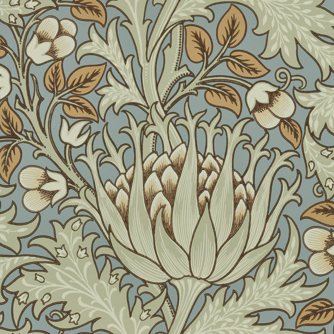 Morris and Co Artichoke Teal Sage behang MOW0164-01, patroon close-up Colours of Morris