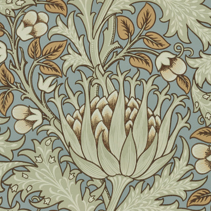 Morris and Co Artichoke Teal Sage behang MOW0164-01, patroon close-up Colours of Morris