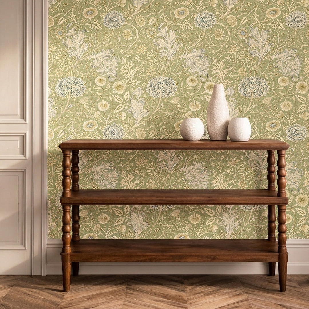 Morris and Co Double Boughs Gooseberry sfeerbeeld interieur, groen roze vliesbehang