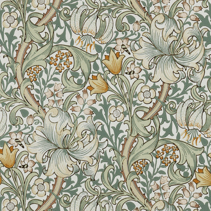 Morris and Co Golden Lily Sage behang MOW0168-02, patroon close-up Colours of Morris
