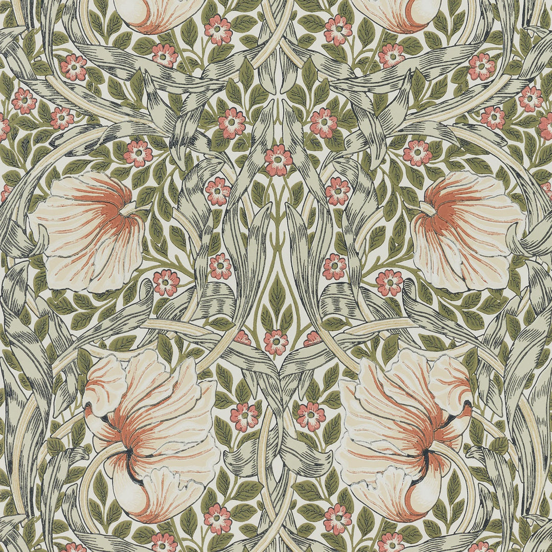 Morris and Co Pimpernel Rose Cockle Sage behang MOW0170-03, patroon close-up Colours of Morris