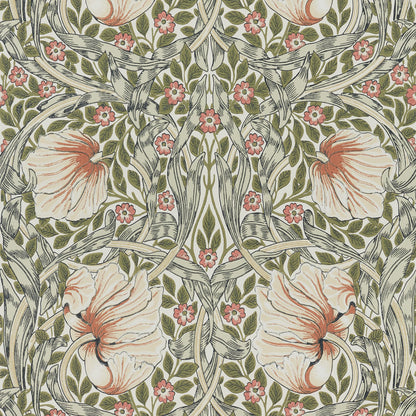 Morris and Co Pimpernel Rose Cockle Sage behang MOW0170-03, patroon close-up Colours of Morris