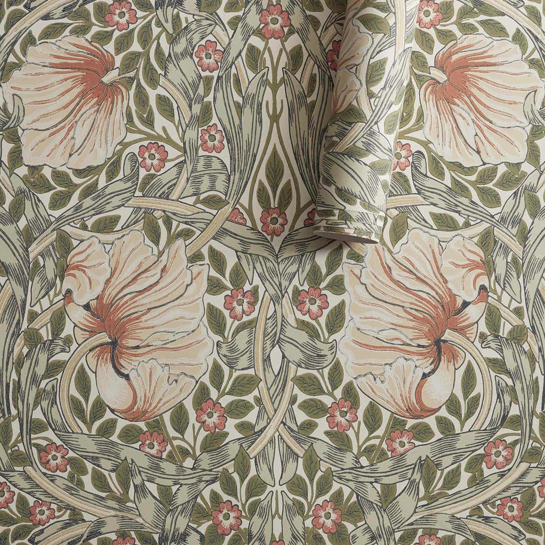 Morris and Co Pimpernel Rose Cockle Sage behangrol detail
