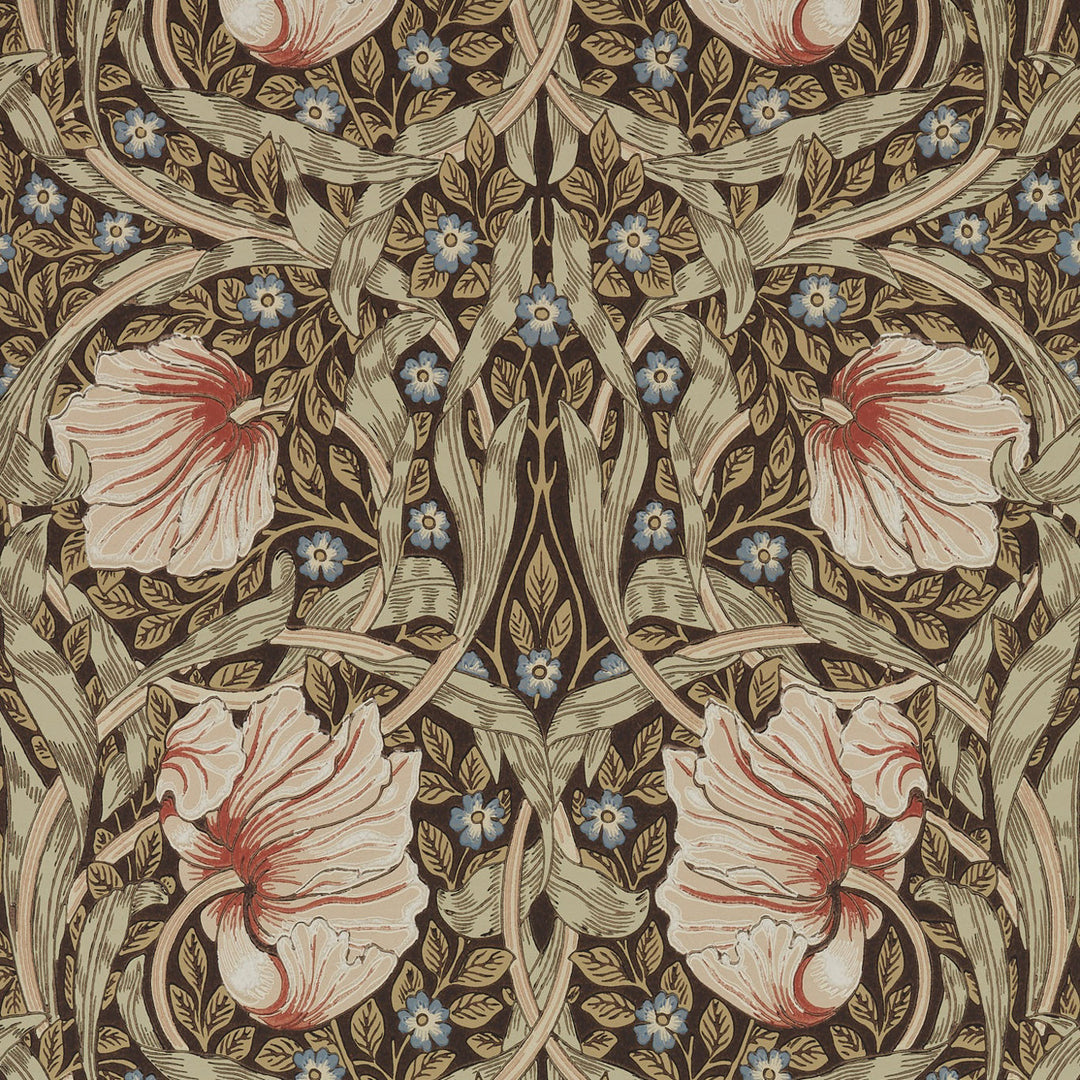 Morris and Co Pimpernel Walnut Sage behang MOW0170-04, patroon close-up Colours of Morris