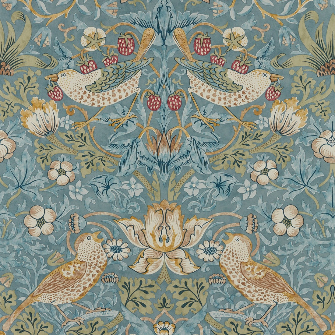 Morris and Co Strawberry Thief Slate Vellum behang MOW0171-01, vogels en aardbeien William Morris 1883