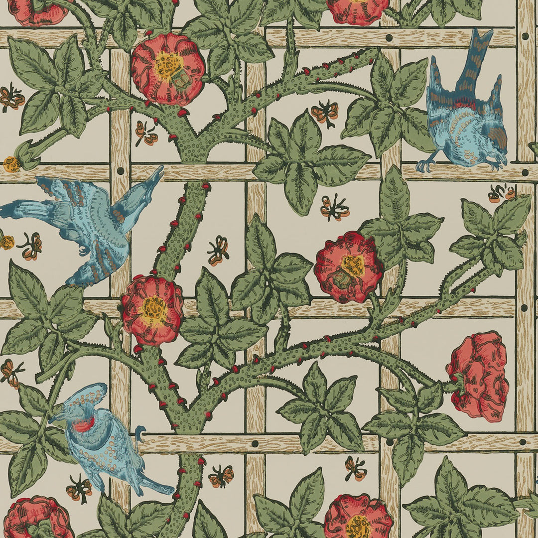 Morris and Co Trellis Sage Rose behang MOW0173-01, patroon close-up Colours of Morris