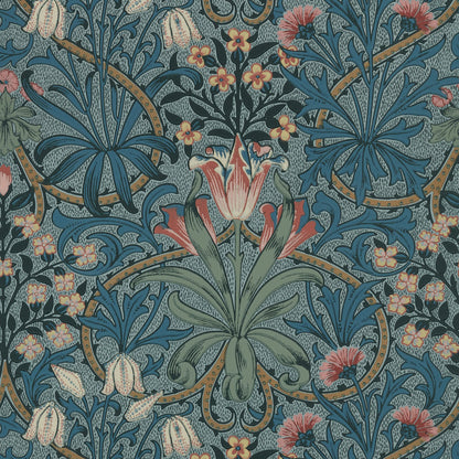 Morris and Co Woodland Weeds Rose Woad behang MOW0175-02, patroon close-up Colours of Morris