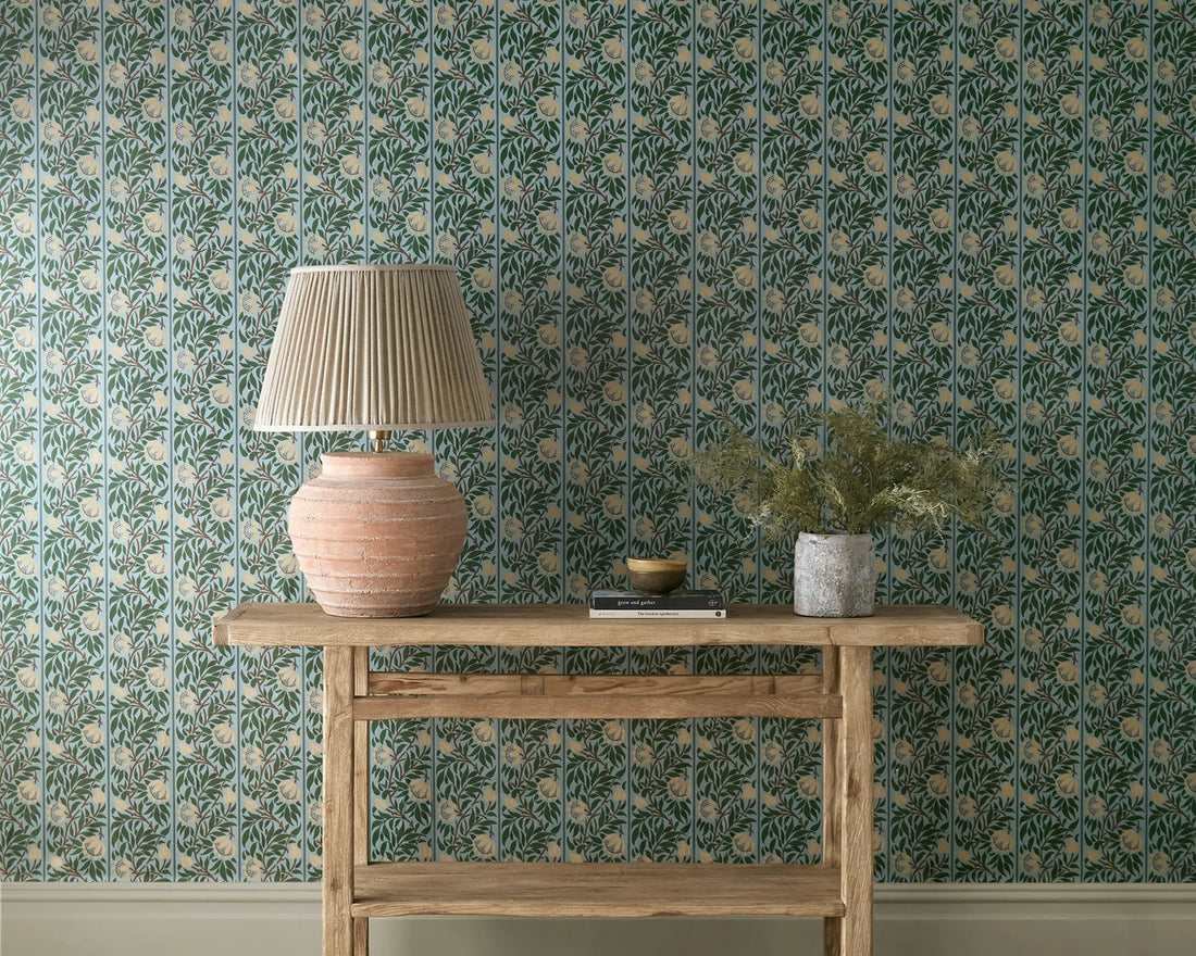 Morris and Co behang Peony Trellis Soft Blue/Nettle 217569