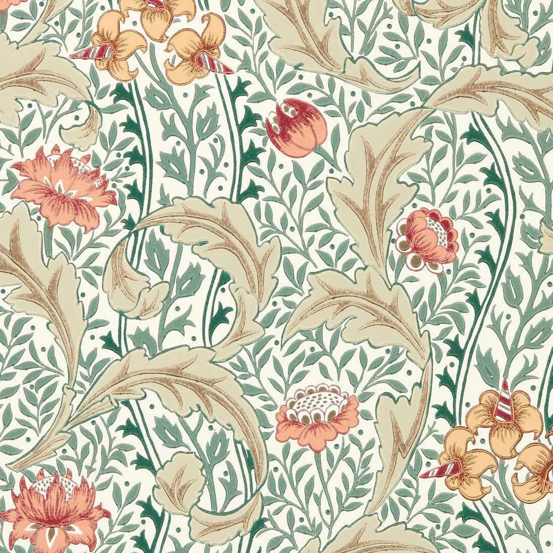 Morris and Co behang Wild Tulip &amp; Vine Coral/Teal 217578