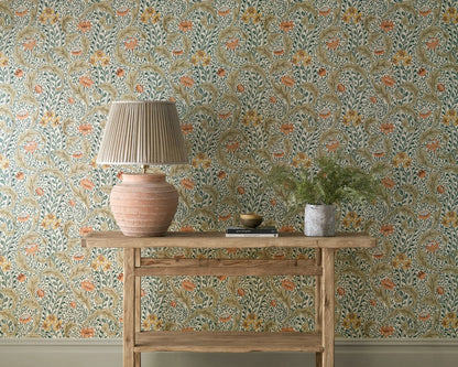 Morris and Co behang Wild Tulip &amp; Vine Coral/Teal 217578