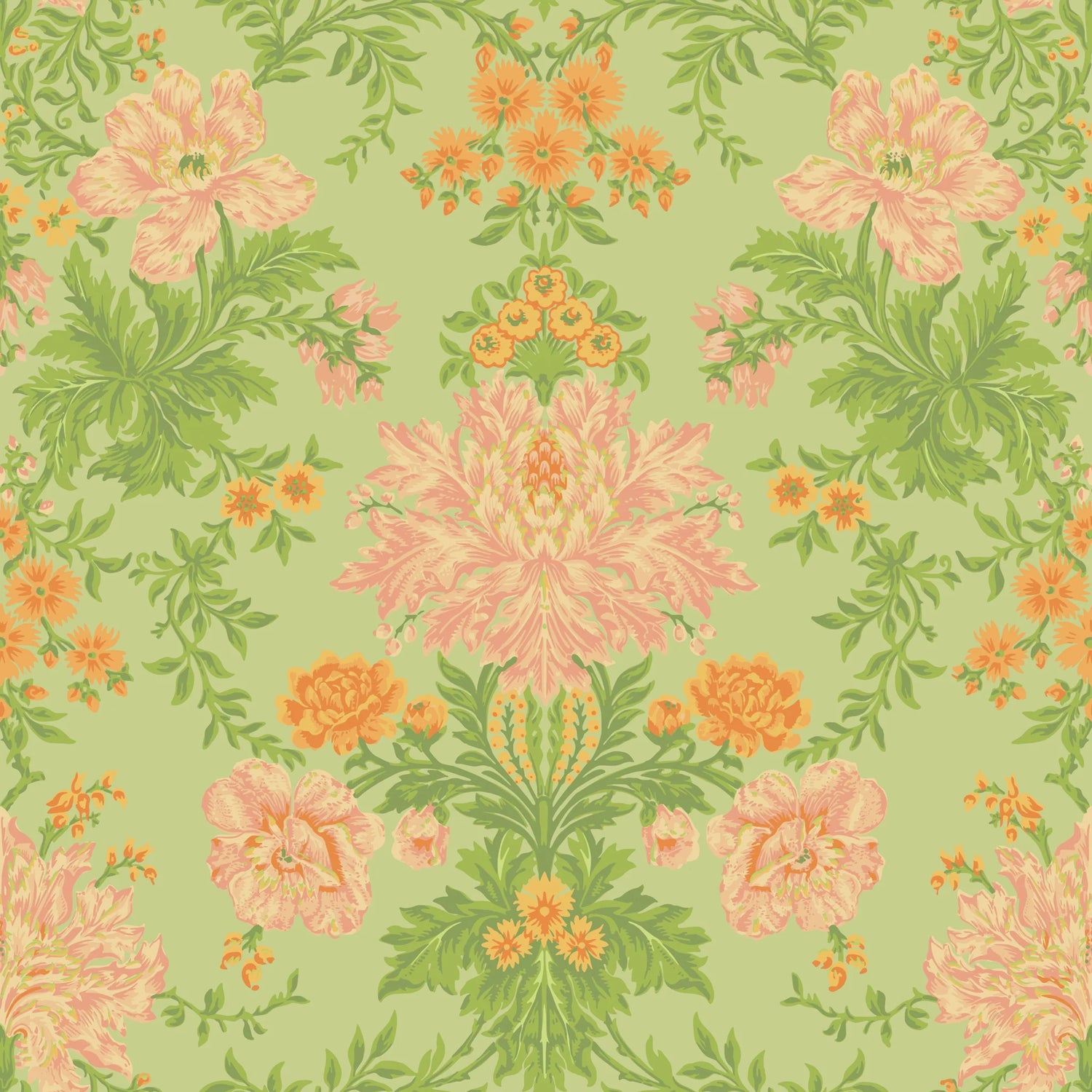 Cole and Son behang Poppies Peach, Marigold and Grass on Soft Green 128/7036