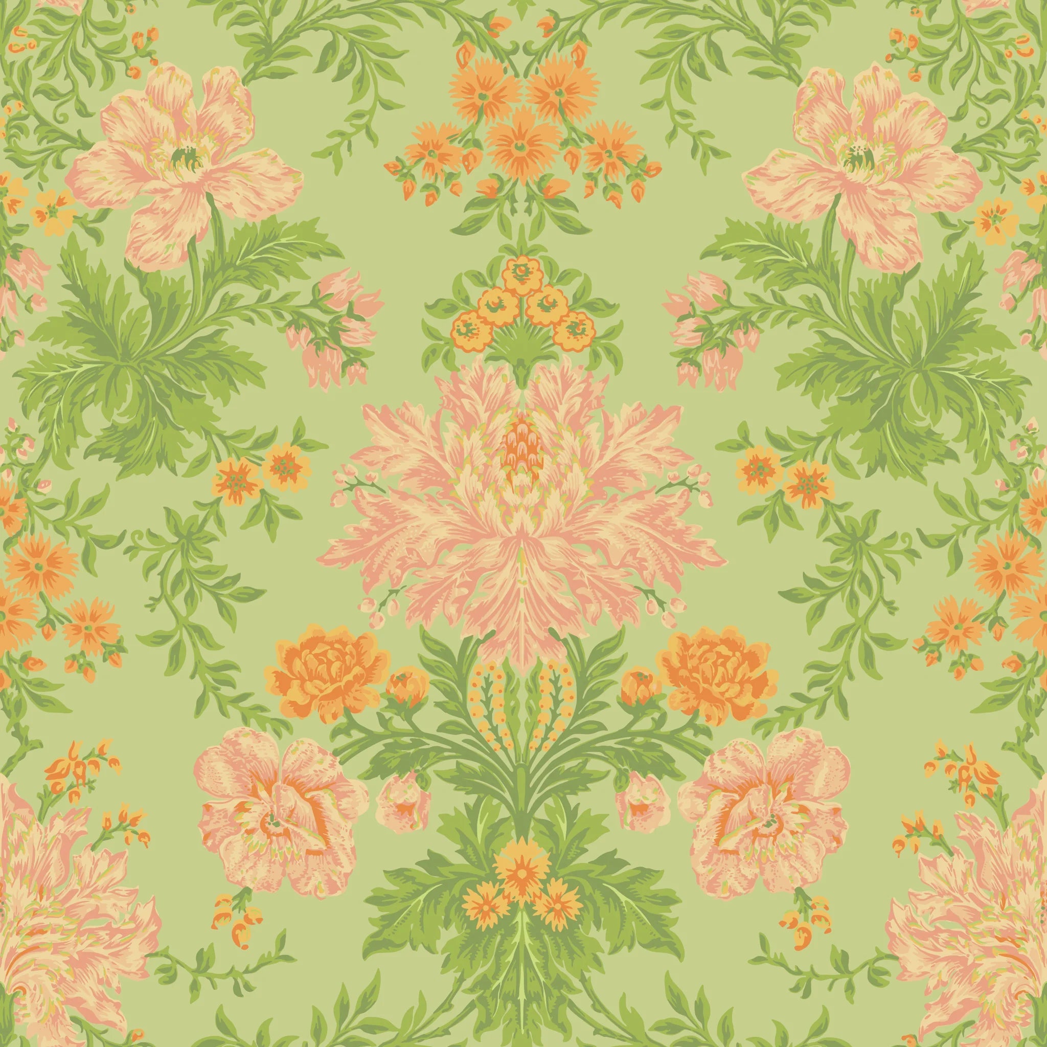 Cole and Son behang Poppies Peach, Marigold and Grass on Soft Green 128/7036