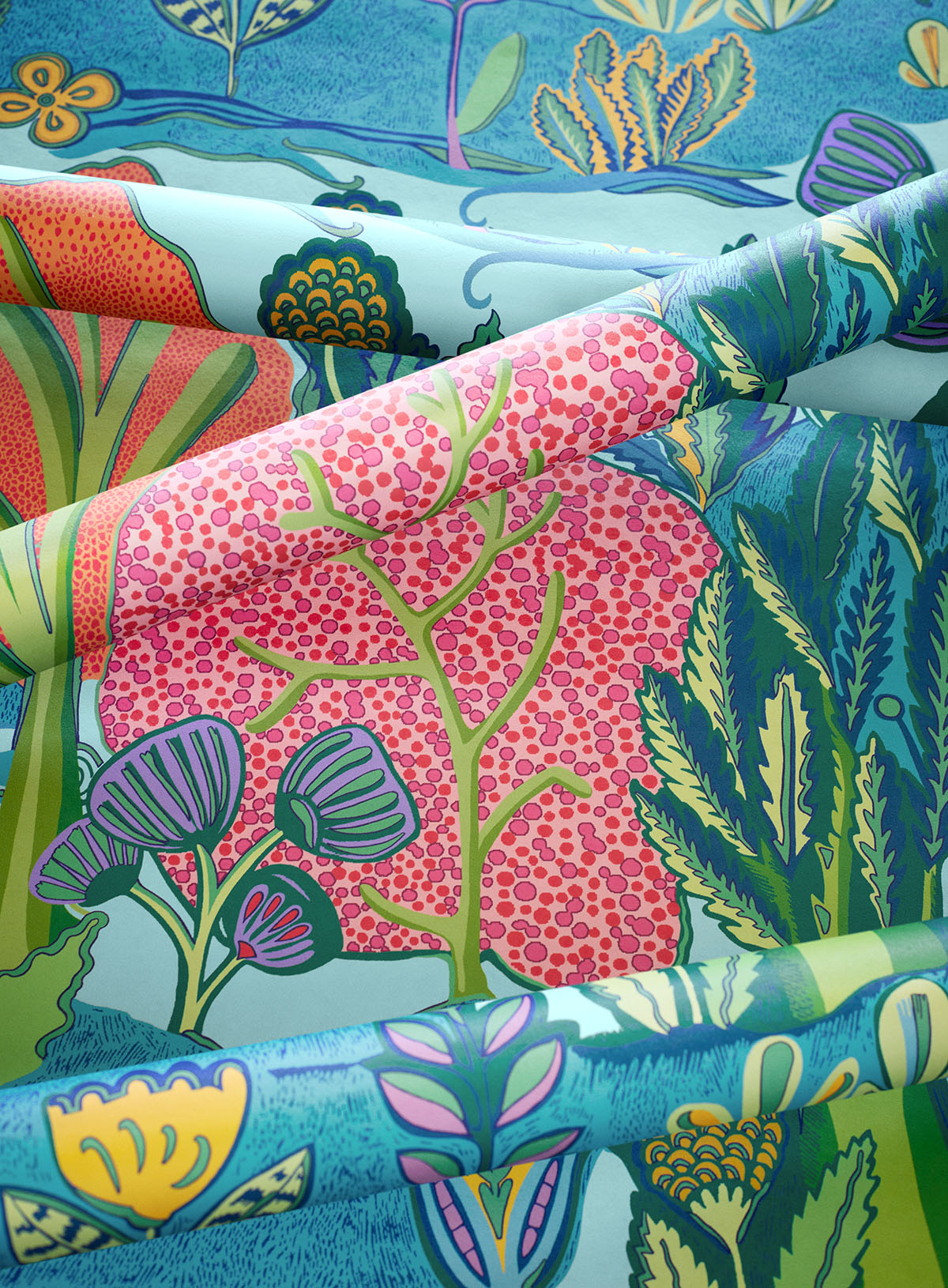 Thibaut behangrol Albero T45012 Tangerine en Turquoise uit de collectie Wanderlust 