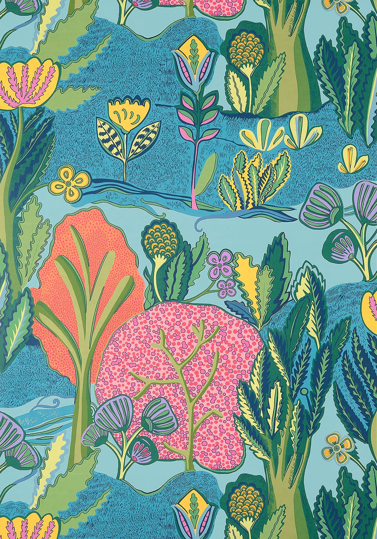 Thibaut behang Albero T45012 Tangerine en Turquoise uit de collectie Wanderlust 