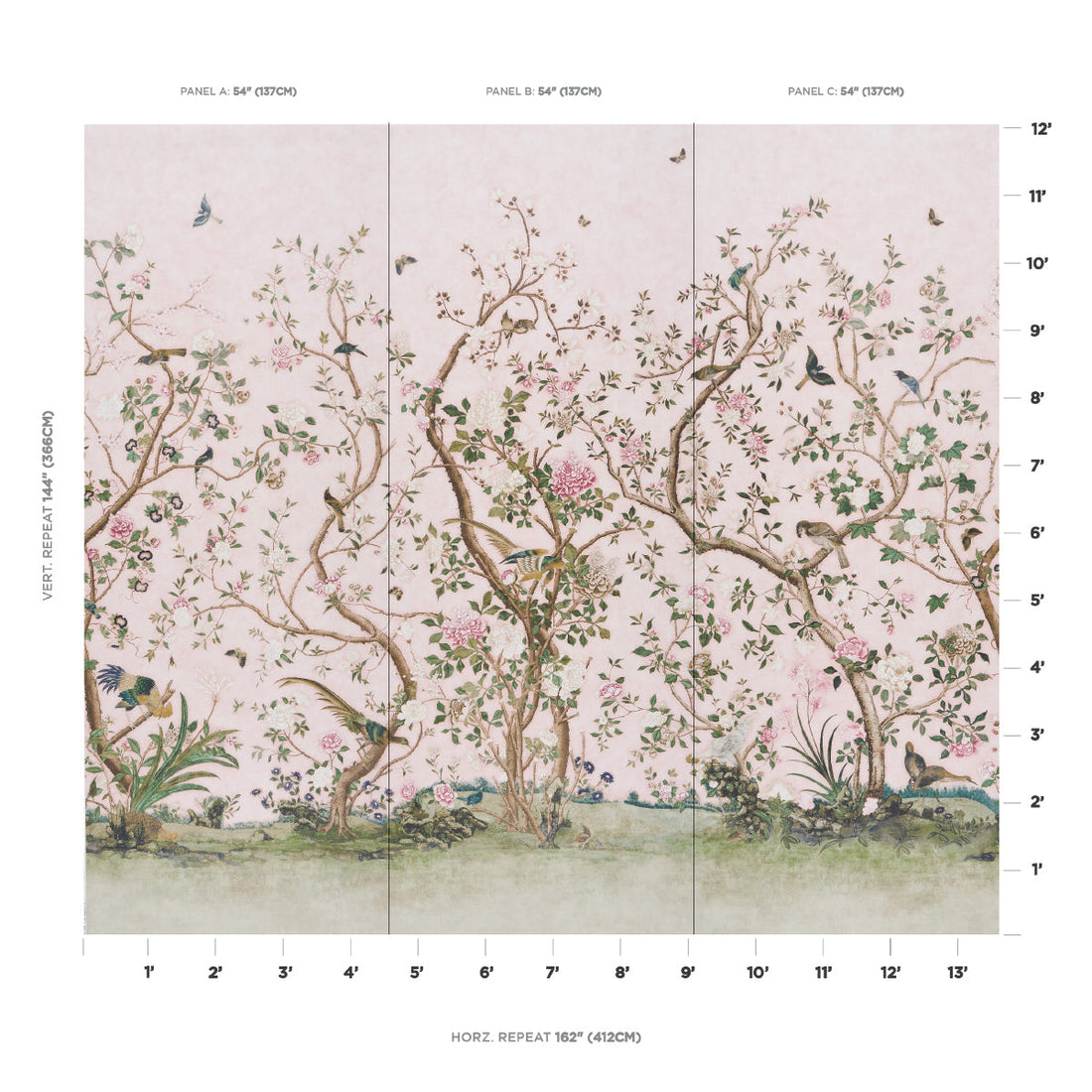 Schumacher Les Oiseaux Panel Set Blush sfeerbeeld