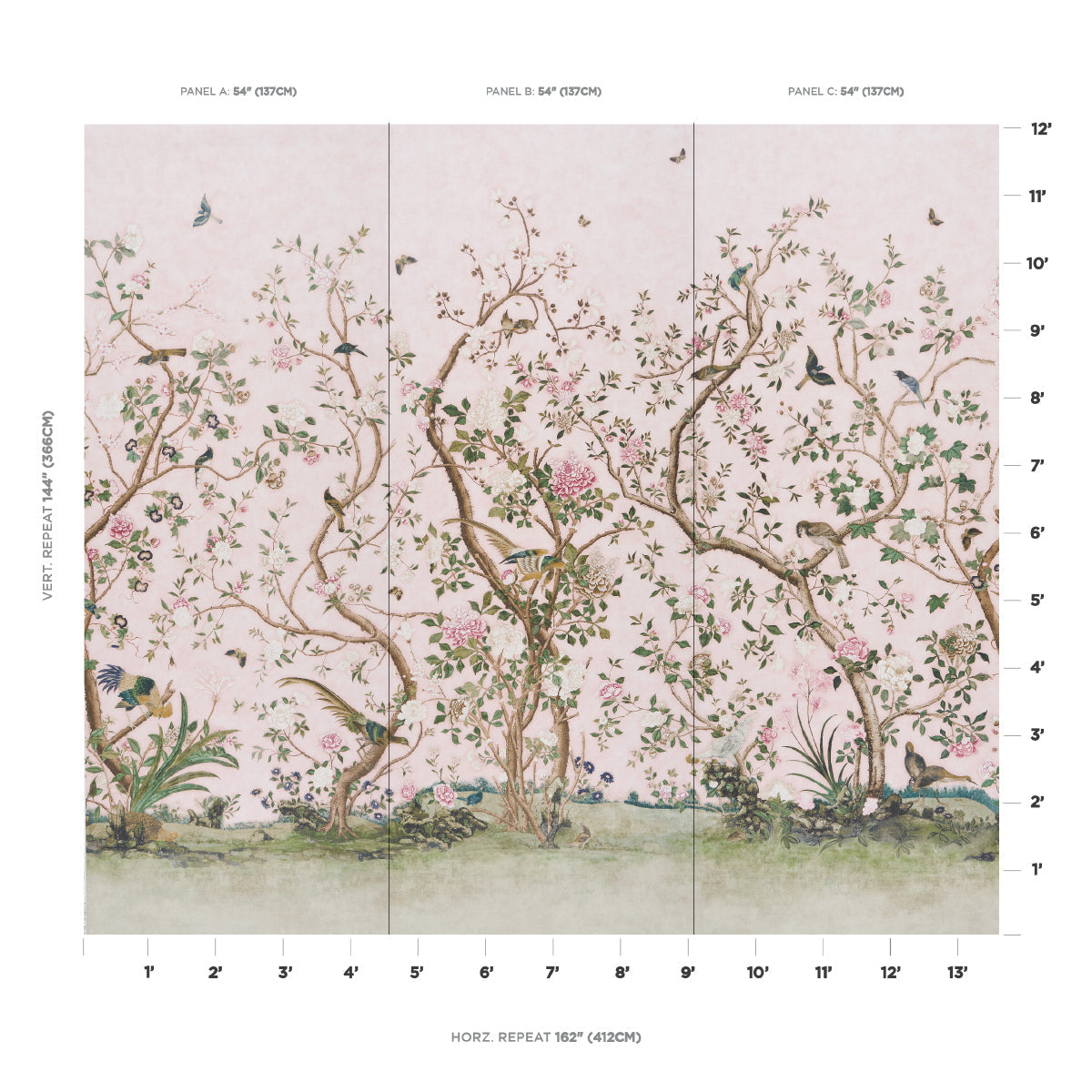 Schumacher Les Oiseaux Panel Set Blush sfeerbeeld