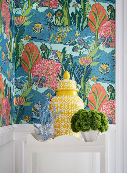 Thibaut behang sfeerafbeelding vliesbehang Albero T45012 Tangerine en Turquoise 