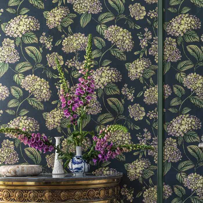 Cole and Son behang Ramo di Ortensia Lime and Purple on Ink 123/8042
