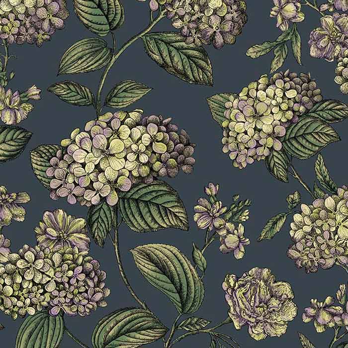 Cole and Son behang Ramo di Ortensia Lime and Purple on Ink 123/8042